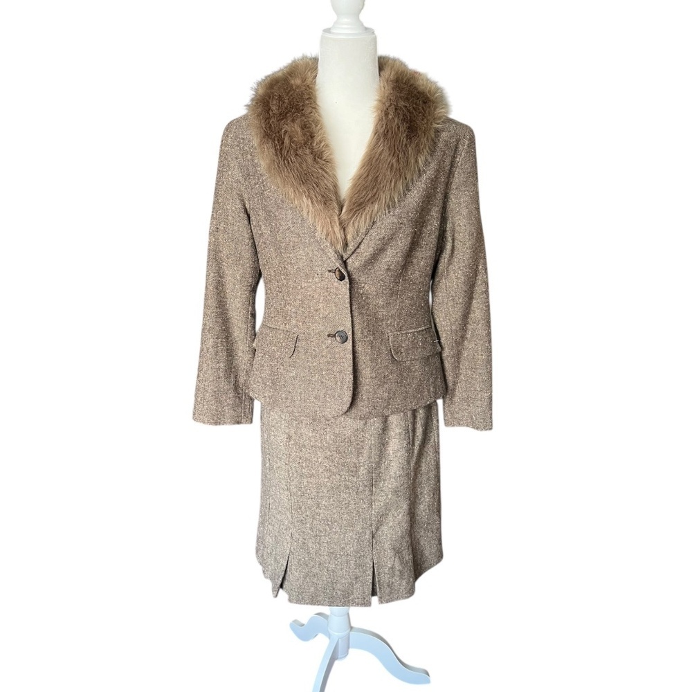 Vintage Norton McNaughton Petites Wool Tweed Skirt Suit w/ Removable Fur Collar
